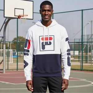 Fila Men's White and Navy Logo Hoodie NWT size small
